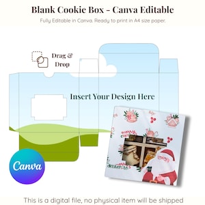 以下が含まれることがあります： Canvaで編集可能な、空白のクッキーボックスのデジタルテンプレート。デザインには、窓付きのボックスの輪郭、サンタクロースのグラフィック、および「Insert Your Design Here」というテキストが含まれています。ボックスはA4用紙に印刷する準備ができています。