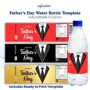 Vatertag Wasserflasche Etikett Vorlage Anzug & Krawatte Printable Bearbeitbar in Canva DIY Dad Party Favor