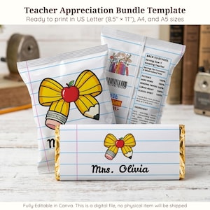 May include: Teacher appreciation bundle template featuring a pencil and apple bow design. The design is on a white background with blue and red lines, resembling notebook paper. The text "Mrs. Olivia" is visible on a candy bar wrapper. The template is ready to print in US Letter, A4, and A5 sizes.