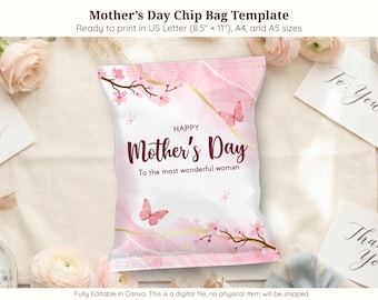 Modelo editável de saco de batatas fritas para o Dia das Mães, com estampa floral rosa, ideal para lembrancinhas de festa. Ideal para imprimir e fazer você mesmo, este saco de presente é perfeito para a mamãe.