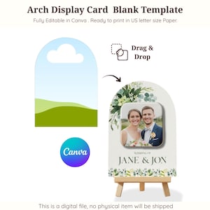Może przedstawiać: Szablon karty ekspozycyjnej w kształcie łuku ze zdjęciem ślubnym, kwiatowymi dekoracjami i napisem "WEDDING OF JANE & JON." Projekt zawiera logo Canva i słowa "Drag & Drop." Gotowy do druku na papierze w formacie US Letter.