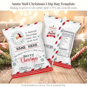 May include: Two white Christmas chip bag templates with red and green accents. One bag features Santa Claus and the text "A festive Christmas treat for a good kid!" The other bag displays nutrition facts and a barcode. Candy canes and ornaments are in the background.
