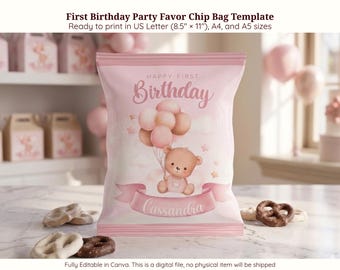 Beary First Birthday Chip Bag Pink Theme Baby Girl DIY Party Favor Bear with Balloons Aesthetic Cute Customize Candy Wrappe