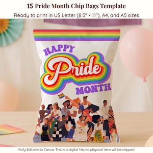 May include: A white chip bag template with a rainbow design and the words "Happy Pride Month." The bag features a colorful illustration of people and a rainbow flag. The text "LOVE IS LOVE" is visible on a shirt. The template is ready to print in US Letter (8.5" x 11") sizes.