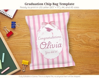 Bolsa de papas fritas de graduación rosa editable, bolsa de refrigerio con nombre personalizado, envoltorio imprimible para papas fritas de graduación, rayas caprichosas Grandmillenial