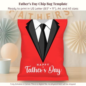 Father’s Day Chip Bag, Red Suit and Tie Design Best Dad Printable Snack Bag Editable Canva Template DIY Father’s Day Favor Wrapper