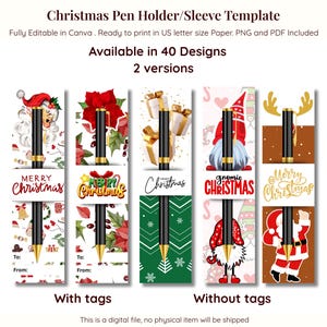 Può includere: Modello di portapenne/manicotto natalizio con vari disegni festivi. L'immagine mostra modelli con Babbo Natale, fiori, regali, gnomi e renne. I modelli sono disponibili in 40 design e 2 versioni, con e senza etichette.