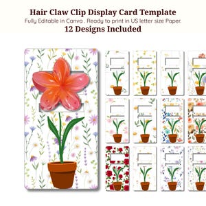 Op de afbeelding: Haarklauwclip displaykaart sjabloon met 12 ontwerpen. De kaarten hebben bloemen- en botanische patronen, waaronder een grote oranje bloem en potplanten. De tekst "Hair Claw Clip Display Card Template" staat bovenaan.
