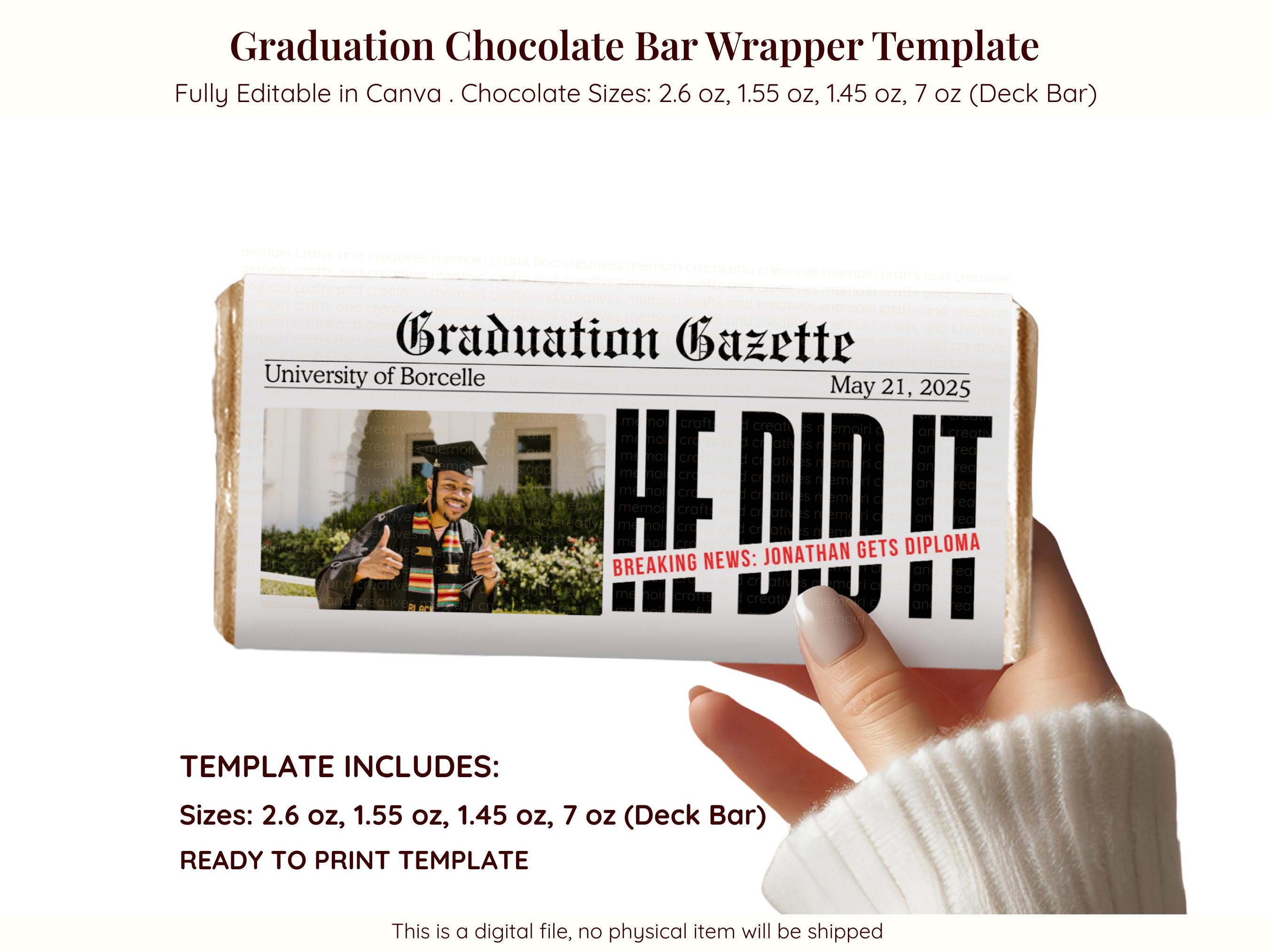 Graduation Chocolate Bar Wrapper Template Editable Candy Wrapper Grad ...
