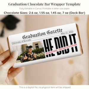 May include: A graduation chocolate bar wrapper template, designed to look like a newspaper. The headline reads "HE DID IT" with the date May 21, 2025. The wrapper is suitable for chocolate bars of various sizes, including 74g and 198g.
