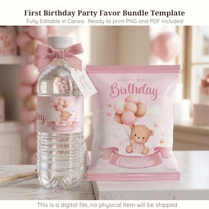 Plantilla para paquete de recuerdos de primer cumpleaños con osito de peluche rosa, etiquetas editables para bolsas de papas fritas y botellas de agua en Canva, decoración para el primer cumpleaños de niña.