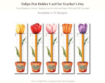 Plantilla de tarjeta portabolígrafos con tulipanes para el Día del Maestro, imprimible, bricolaje, regalos de papelería, fundas para bolígrafos sencillas y editables.