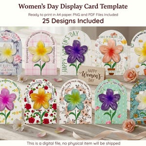以下が含まれることがあります： 女性の日のディスプレイカードテンプレートのコレクション。各カードには、カラフルな花と「Happy Women's Day」などのテキストが表示されます。 A4用紙で印刷できます。 25のデザインが含まれています。