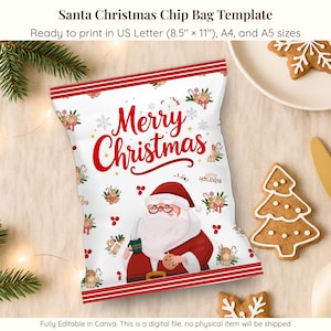 Christmas Chip Bag Template Printable | DIY Holiday Santa Treat Bag Wrapper | Christmas Party Favor Snack Packaging for Kids and Adults
