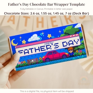 May include: A blue chocolate bar wrapper with pixelated graphics and the text "HAPPY FATHER'S DAY." The design includes a red car, a character, and a park bench. The wrapper is designed for chocolate bars of various sizes, including 7 oz.