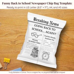 Funny Back to School Newspaper Chip Bag Template Printable Favor Student Gift Idea