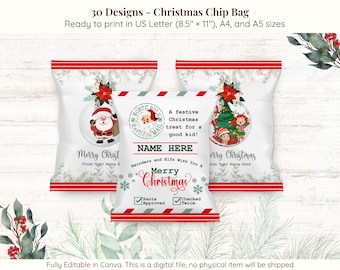 30 Editable Christmas Chip Bag Template | 30 Ready-to-Print Holiday Snack Wrapper | Christmas Party Favor