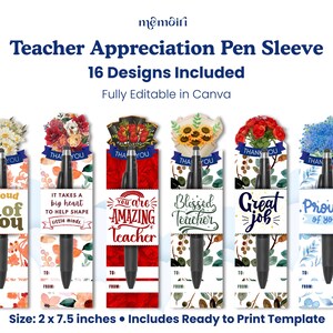 Teacher Pen Sleeve Templates – Canva Editable Printable Wraps | Teacher Appreciation Gifts | Pen Sublimation PNG Floral Designs