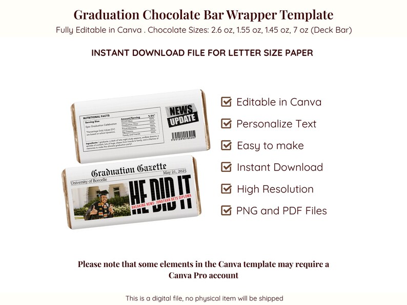 Graduation Chocolate Bar Wrapper Template Editable Candy Wrapper Grad ...