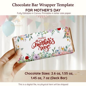 Puede incluir: Plantilla de envoltorio de barra de chocolate para el Día de la Madre. El diseño presenta un fondo blanco con detalles florales y el texto "Happy Mother's Day" en escritura roja. El envoltorio es para barras de chocolate de varios tamaños, incluyendo 74g, 44g, 41g y 198g.