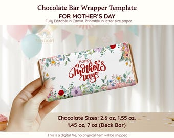 Modello di involucro per barretta di cioccolato per la festa della mamma, etichetta per barretta di cioccolato modificabile, regalo fai da te per la mamma con motivo floreale stampabile