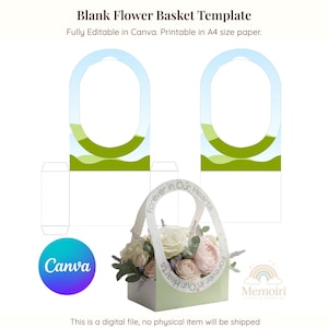 Puede incluir: Una plantilla de cesta de flores en blanco con un arreglo floral. El diseño incluye una cesta verde claro con un asa que dice "Forever in Our Hearts". El logotipo de Canva es visible. El texto en la parte superior dice "Blank Flower Basket Template."