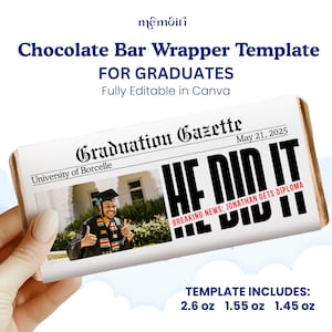 Modello di involucro per barretta di cioccolato per la laurea, involucro di caramelle modificabile, bomboniera per la festa di laurea, regali di laurea stampabili per lui