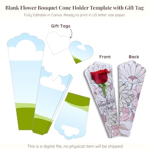 Pode incluir: Modelo digital para um porta-cone de buquê de flores com etiquetas de presente. O design apresenta uma paisagem de céu e grama, com um cone segurando uma rosa vermelha. O texto "Teachers Day" é visível.