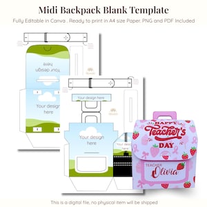 Plantilla de caja de regalo para mochila midi: imprimible editable en Canva (papel A4)