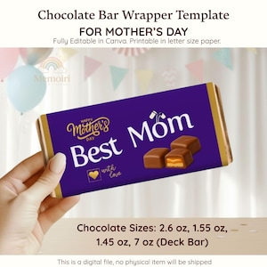 Puede incluir: Una plantilla de envoltorio de barra de chocolate morada para el Día de la Madre. El diseño presenta las palabras "Best Mom" y "Happy Mother's Day" en letras doradas. El envoltorio incluye imágenes de trozos de chocolate. Los tamaños son 74g, 44g, 41g y 198g.