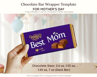 Plantilla editable para envoltorio de chocolate para el Día de la Madre. Etiqueta de caramelos imprimible para mamá. Regalo DIY para mamá. Funda de chocolate personalizada.