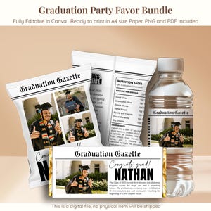 Op de afbeelding: Een bundel met afstudeerfeestartikelen met een waterfles, een candybar en een snackzak, allemaal met het label "Graduation Gazette". De items tonen een afgestudeerde in toga. De tekst bevat "Gefeliciteerd, afgestudeerd!" en "Nathan."