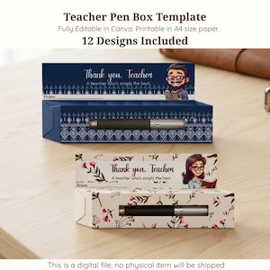 以下が含まれることがあります： 2 つの教師用ペンボックステンプレートが表示されています。1つは幾何学模様のネイビーブルーで、「Thank you, Teacher」の文字が入っています。もう1つはフローラルデザインの白で、同じテキストが入っています。各ボックスにはペンが入っています。