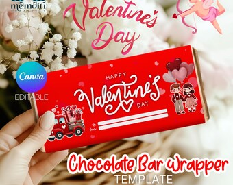 May include: A red chocolate bar wrapper template with the text "Happy Valentine's Day" in white script. The wrapper features illustrations of a truck carrying gifts, a couple, and a cupid. The wrapper is labeled "Chocolate Bar Wrapper Template".