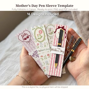 Op de afbeelding: Moederdag pennenhoes templates met bloemen- en hartontwerpen. De templates zijn klaar om af te drukken en bevatten 16 ontwerpen. Een zwarte pen met gouden accenten en een kleine hartvormige bedel zijn ook zichtbaar.