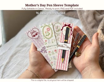 Editable Mother’s Day Pen Sleeve Template, Vintage Floral Cottagecore Pen Holder Card, Printable Pen Holder Card Tag Gift for Mom
