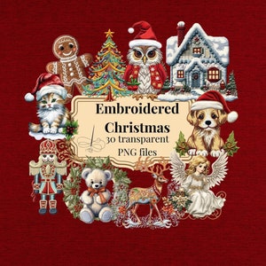 Clipart de Natal aconchegante PNG, motivos de Natal de bordado falso, uso comercial, gráficos PNG, bordado de inverno fofo download instantâneo