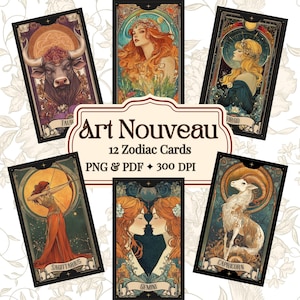Cartas del zodiaco Art Nouveau imprimibles, baraja de tarot astrológico de la Secesión, ilustraciones del horóscopo de fantasía rococó, tarjetas digitales ATC Art Déco