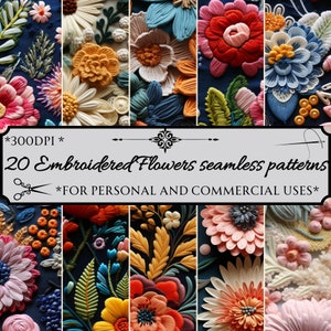 Embroidered Flowers Seamless Patterns, Embroidery Sublimation Commercial Use, Floral Textile Seamless Pattern, Scrapbook Digital Paper