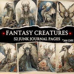 Papier numérique créatures fantastiques, papier pour carnet de contes de fées, collage forêt mystique, illustrations fantastiques imprimables, scrapbooking