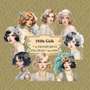 1920年代のアールデコ調の女の子のクリップアート、フラッパーガールのPNG、レトロジャーナルのクリップアートバンドル、パーティーフラッパードレス時代、スクラップブック用品、商用利用