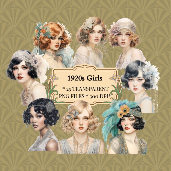 1920s Art Deco Girls Clipart, Party Flapper Dress Era PNG, Retro Journal Clip Art Bundle, Scrapbook Supplies, Commercial Use