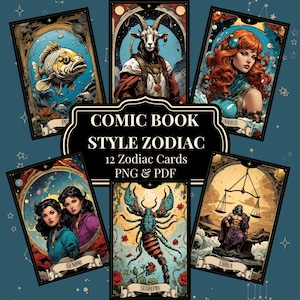Cartas do Zodíaco em Quadrinhos Retrô para Imprimir, 12 Cartas de Horóscopo, Tarô do Zodíaco de Ficção Científica, Ilustrações Vintage de Ficção Científica, Signos Astrológicos Digitais