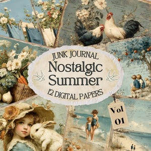 Carta da diario estiva nostalgica, carta digitale vintage in stile country francese, fogli per collage in stile country chic rustico, carta da stampare