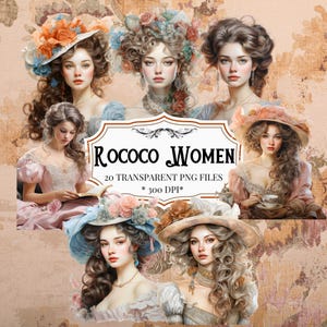 Clipart di ragazze rococò, PNG trasparenti di dame civettuole d'epoca, ragazza reale vittoriana, pacchetto di clipart di diario digitale, donne dell'epoca Regency