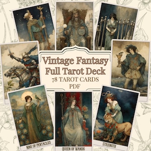 Afdrukbaar tarotkaartspel vintage fantasy, 78 kaarten tarotkaart pdf, downloadbare complete tarotorakelset, sprookjestarot, waarzeggerij