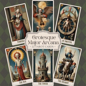 Carte dei Tarocchi Grotteschi Stampabili, Arcani Maggiori 22 Carte, Mazzo di Tarocchi Distorti in PDF, Set di Oracoli Strani, Carte di Predizione del Futuro Speciali