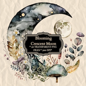 Clipart de Lua Crescente, PNG de Aquarela Floral, Pacote de Cliparts de Diário Celestial, Suprimentos para Scrapbook Imprimíveis, Uso Comercial