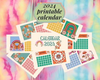 Printable Hippie Calendar 2024, PDF Downloadable Groovy Retro Calendar Pages, Digital Download Nostalgic Vintage Calendar 2024