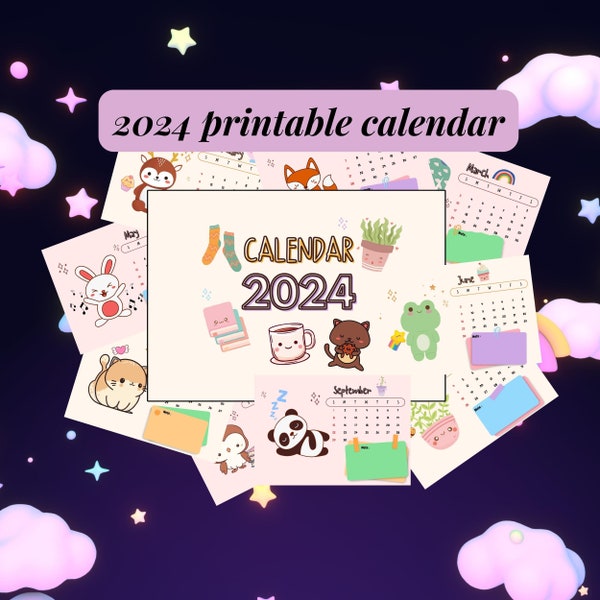 Printable Kawaii Calendar 2024, PDF Downloadable Pastel Cute Animals and Nature Calendar, Digital Download Calendar 2024